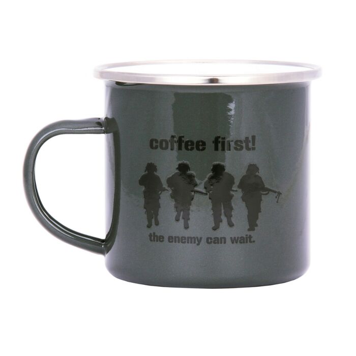 Fostex Emaille mok Coffee First! Groen