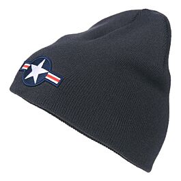 Fostex WW2 Star Beanie Hat - Black Acrylic Military Style Knit Hat With White Star