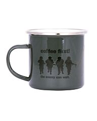 Fostex Emaille mok Coffee First! Groen
